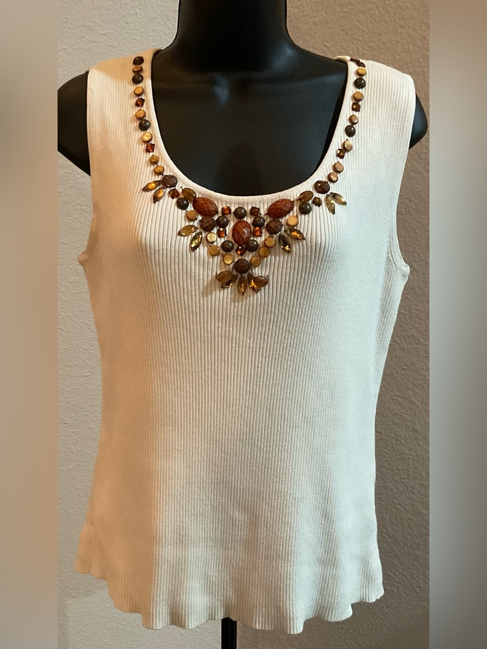 Ruby Rd. Cream Jeweled Scoop Neck Tank